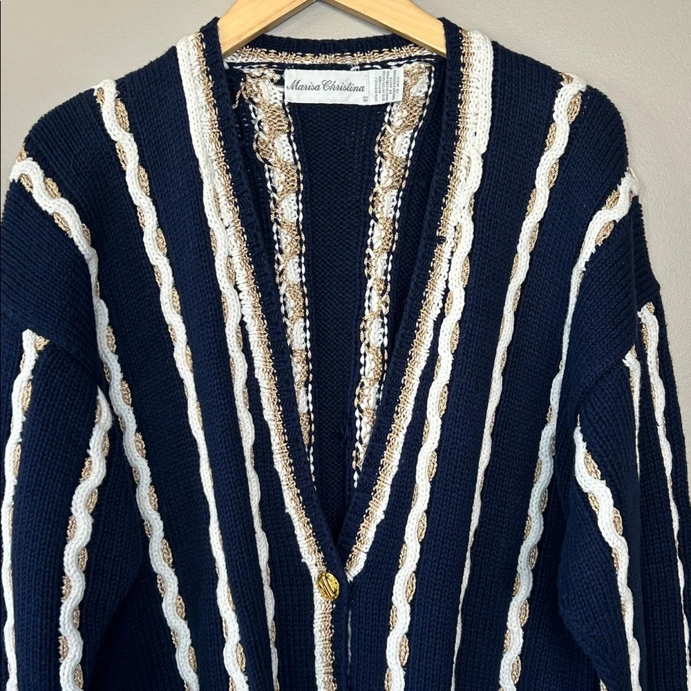 Vintage Marisa Christina Cardigan Size Medium Navy‎ Blue Gold White Nautical